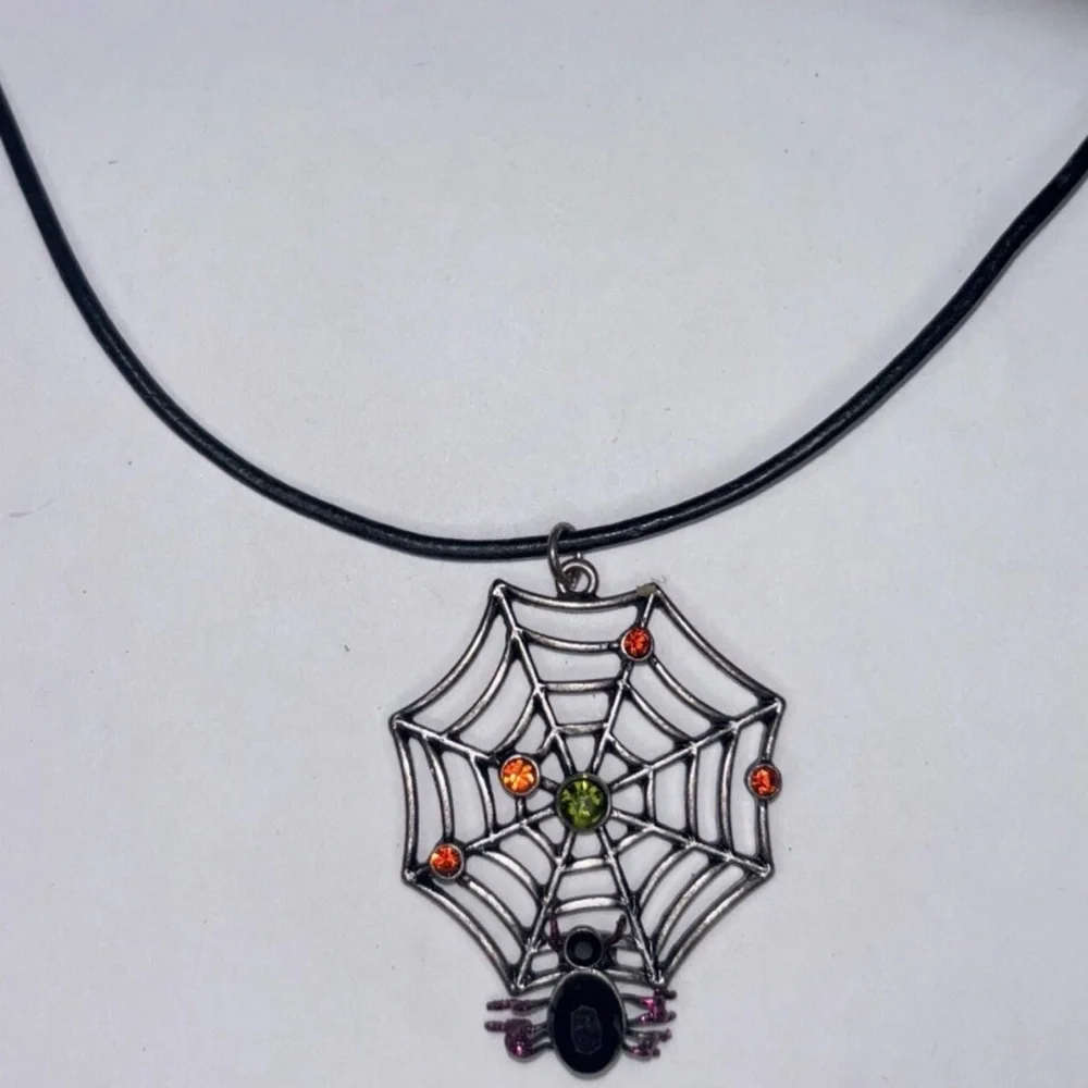 Vintage Metal Halloween Spider Web Pendent On Black Cord Necklace Rhinestones